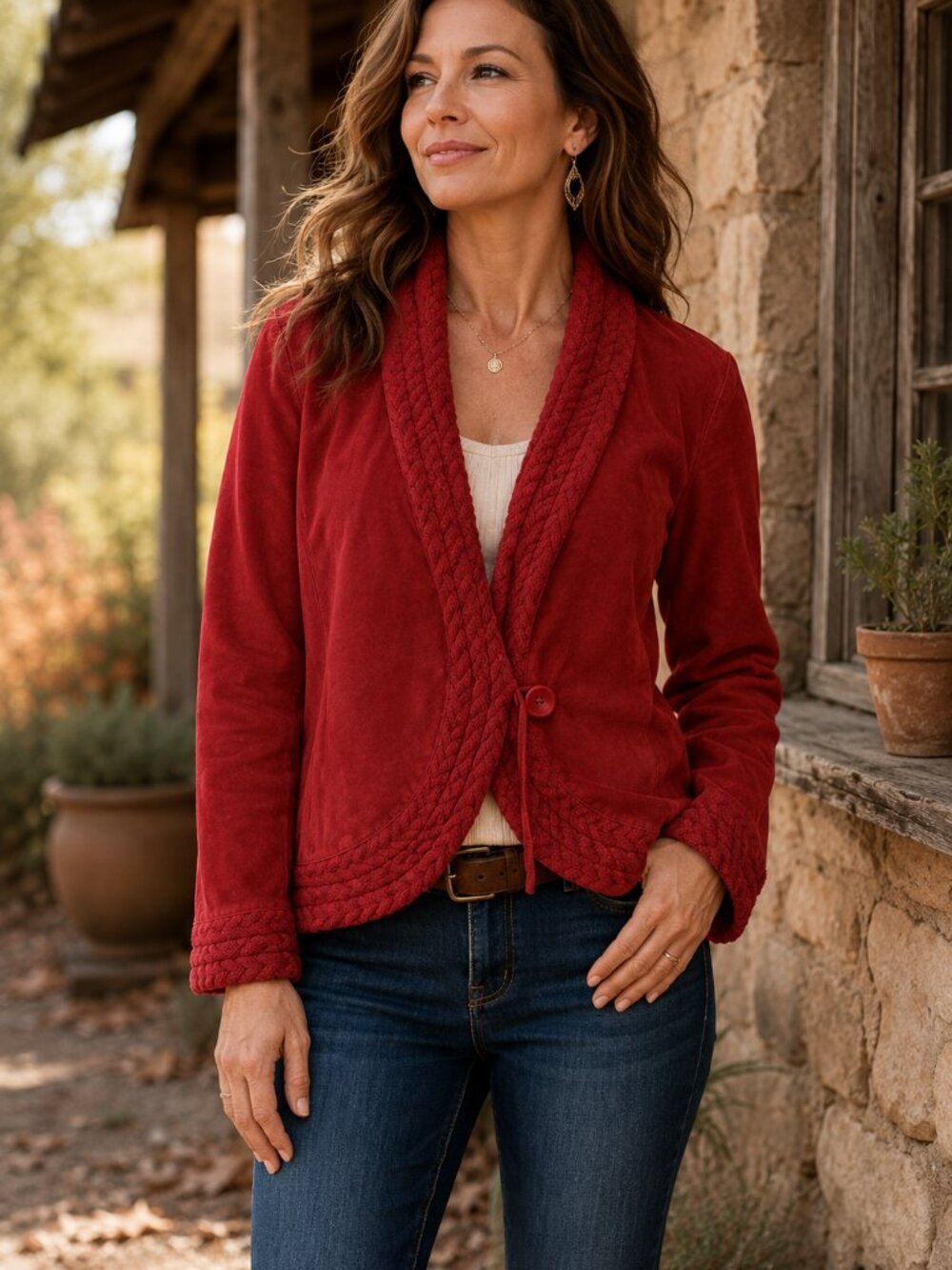 Coldwater Creek Red Suede Jacket Cable Knit Trim Button Front Red Classic SZM